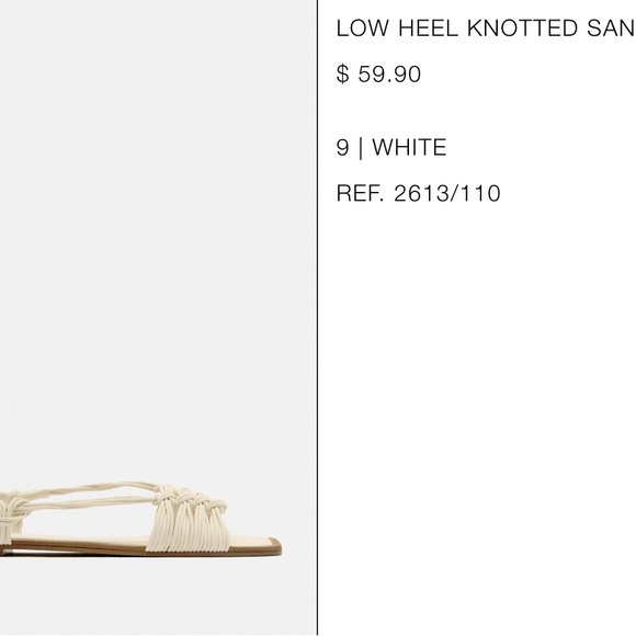 Zara women’s sz 9 low heeled knotted sandal - white

No tags but never worn - Picture 2 of 2